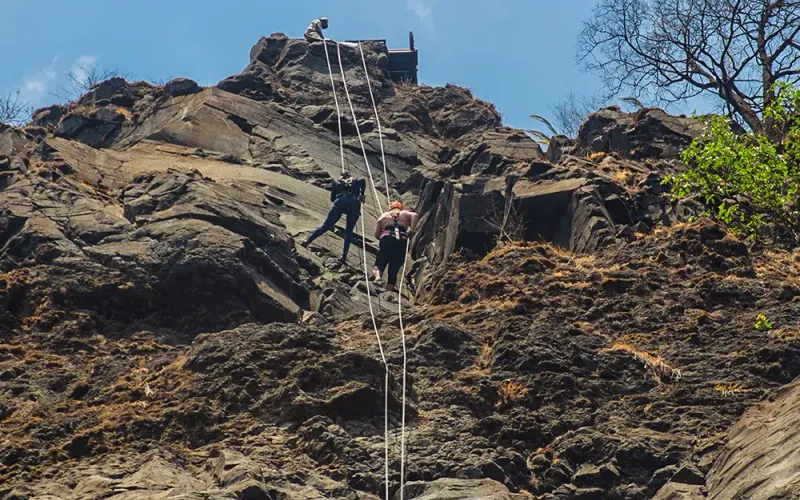 Climber's suspended on a rope against a cliff face